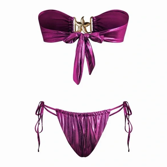 Cute Metallic Bandeau Top Two piece Bikini Set Swimsuit - Picture 2 of 4